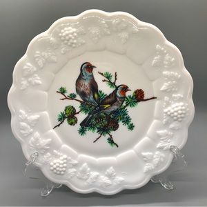 EUC Vintage Westmoreland Paneled Grape Milk Glass Plate with Hand-painted Birds